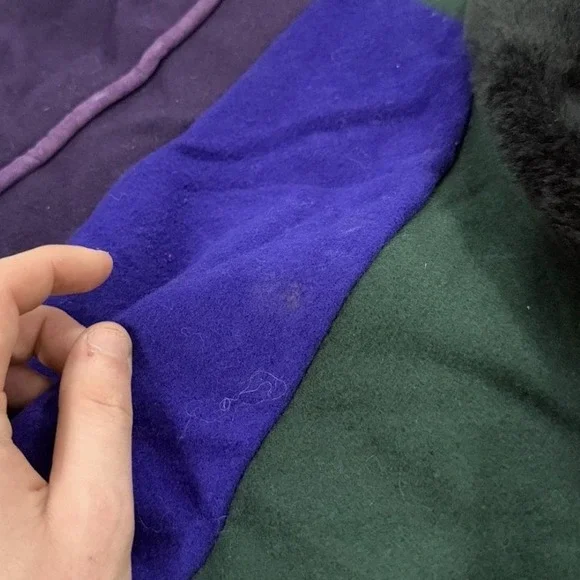 Vintage SFR Santa Fe Re-Creations Patchwork Coat Faux Fur Trim Purple Green Med - Picture 5 of 9